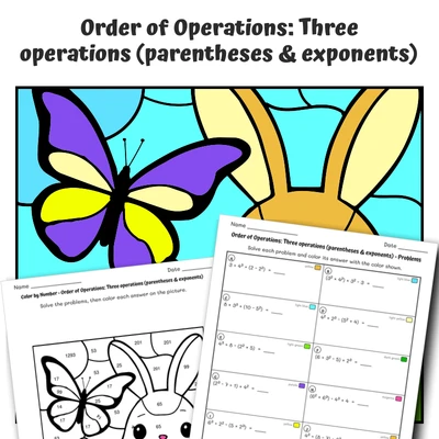 Order of Operations Color by Number — Bunny with a Butterfly Friend - worksheet educational content