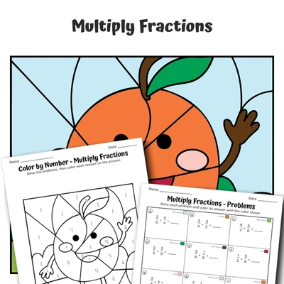 Multiply Fractions Color by Number — Orange - worksheet educational content