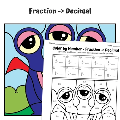 Fraction to Decimal Color by Number — Monster with a Big Heart - worksheet educational content