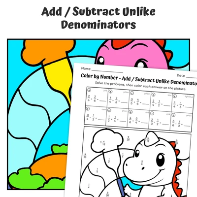 Fractions (unlike denom) Color by Number — Dino's Yummy Cooking - worksheet educational content