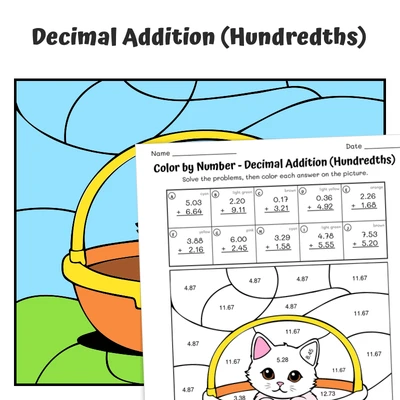 Decimal Addition (hundredths) Color by Number — cat in a basket - worksheet educational content