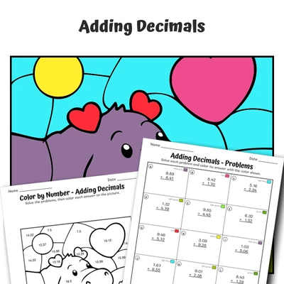Add Decimals Color by Number — Toucan with a flower in beak - worksheet educational content