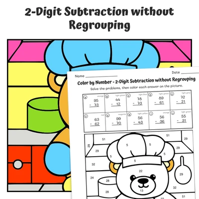 2-Digit Subtraction (no regrouping) Color by Number — Teddy Bear's Baking Cookie - worksheet educational content