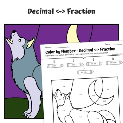 Decimal to Fraction Color by Number — Husky Dog - worksheet educational content