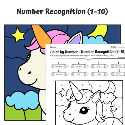 Number Recognition Color by Number — unicorn with moon and stars - worksheet educational content