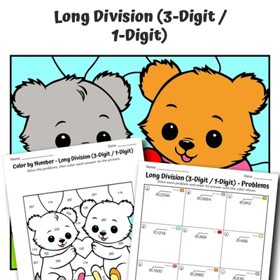 Long Division 3/1 Color by Number — Bear Cubs' Sweet Love - worksheet educational content