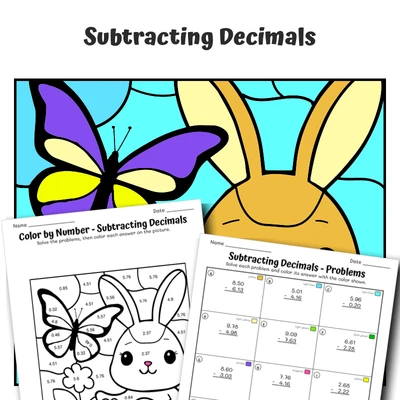 Subtract Decimals Color by Number — Bunny with a Butterfly Friend - worksheet educational content