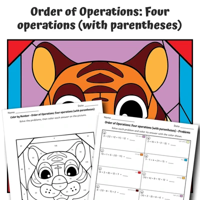 Order of Operations Color by Number — Animal face - Tiger - worksheet educational content