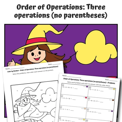 Order of Operations Color by Number — Witch on a Broom - worksheet educational content