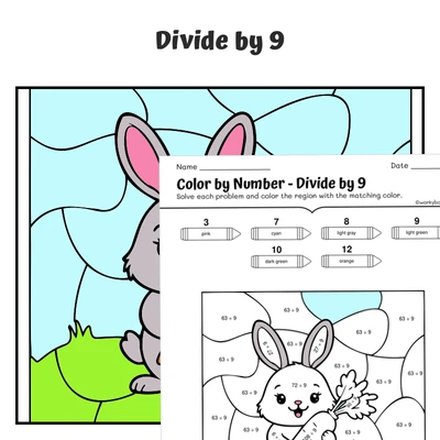 div by 9 Color by Number — Bunny with a carrot - worksheet educational content