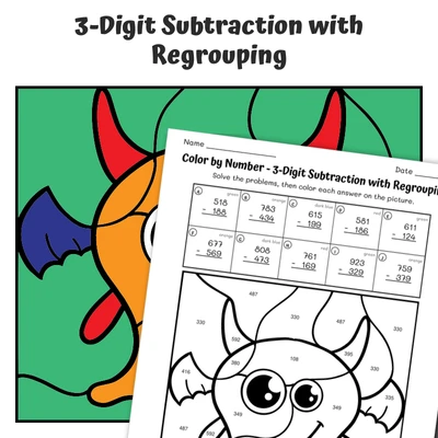 3-Digit Subtraction (regrouping) Color by Number — Monster with a Balloon - worksheet educational content