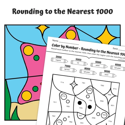 Round to 1000 Color by Number — Pink Starfish - worksheet educational content