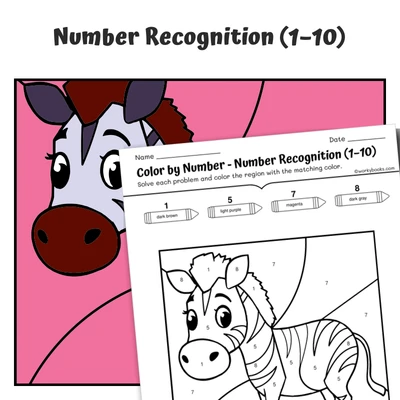 Number Recognition Color by Number — Zoo Animal  Zebra - 2 - worksheet educational content