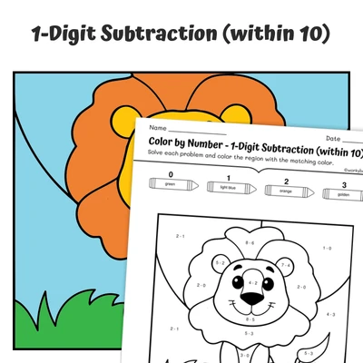 Subtraction within 10 Color by Number — Zoo Animal Lion - 2 - worksheet educational content