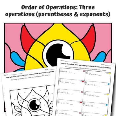 Order of Operations Color by Number — Monster with Wings - worksheet educational content