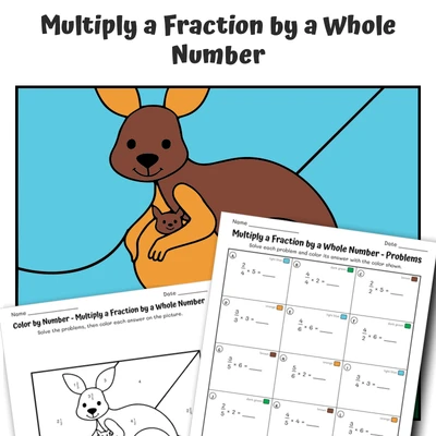 Fraction x Whole Color by Number — Zoo Animal Kangaroo - 2 - worksheet educational content