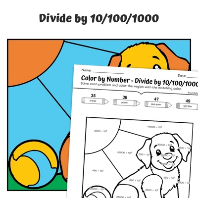 Divide by 10, 100, 1000 Color by Number — Golden Retriever Puppy - worksheet educational content