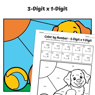 3-Digit x 1-Digit Color by Number — Golden Retriever Puppy - worksheet educational content