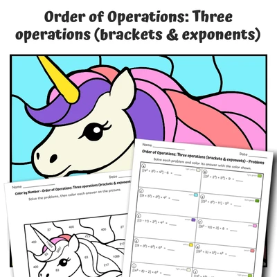 Order of Operations Color by Number — unicorn with rainbow mane - worksheet educational content