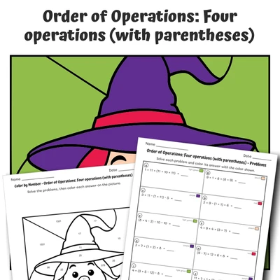 Order of Operations Color by Number — Witch with a Big Smile - worksheet educational content