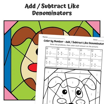 Fractions (like denom) Color by Number — Animal face - Dog - worksheet educational content