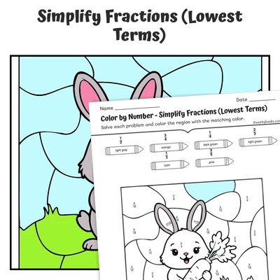 Simplify Fractions Color by Number — Bunny with a carrot - worksheet educational content