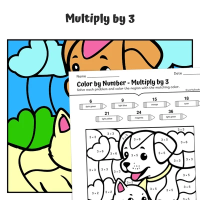 × 3 Color by Number — Cat and dog playing together - worksheet educational content