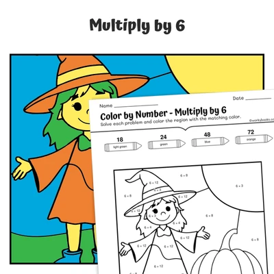 × 6 Color by Number — Witch with a Pumpkin - worksheet educational content