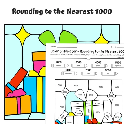 Round to 1000 Color by Number — A pile of wrapped Christmas presents - worksheet educational content
