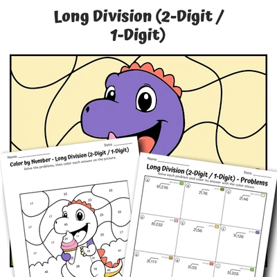 Long Division 2/1 Color by Number — Dino's Delicious Ice Cream - worksheet educational content