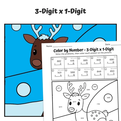 3-Digit x 1-Digit Color by Number — Artic Animal Caribou - worksheet educational content