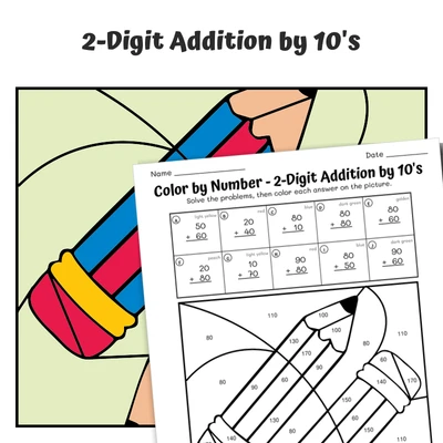 Add Tens Color by Number — pencils - worksheet educational content