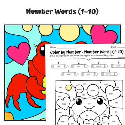 Number Words Color by Number — Crab holding a heart-shaped seashell - worksheet educational content