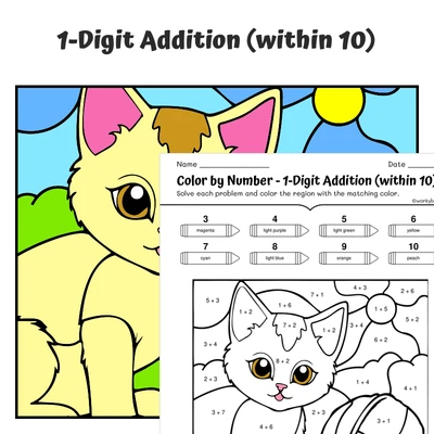 Addition within 10 Color by Number — Cat Playing with Yarn - worksheet educational content