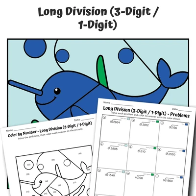 Long Division 3/1 Color by Number — Artic Animal Narwhal - worksheet educational content