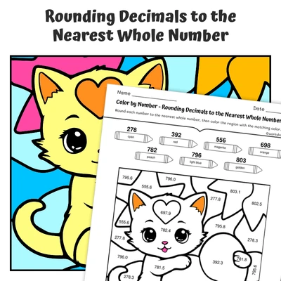 Round Decimal (whole) Color by Number — Kitten hugging a heart pillow - worksheet educational content
