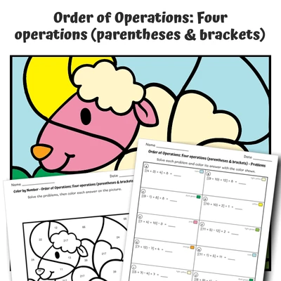 Order of Operations Color by Number — Farm Animal Sheep - worksheet educational content