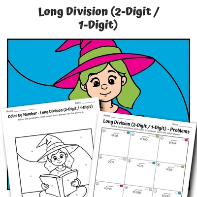 Long Division 2/1 Color by Number — Witch Reading a Spellbook - worksheet educational content