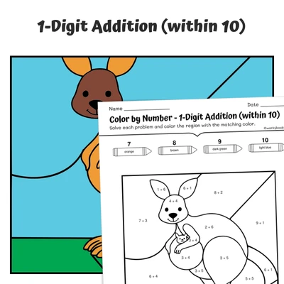 Addition within 10 Color by Number — Zoo Animal Kangaroo - 2 - worksheet educational content