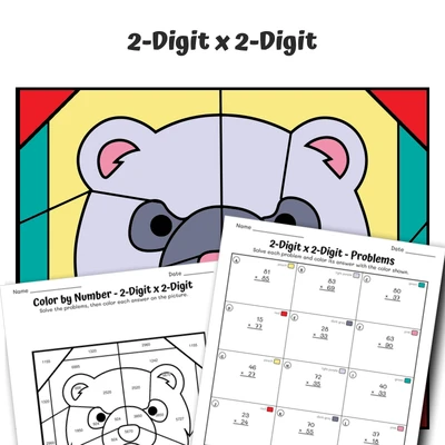 2-Digit x 2-Digit Color by Number — Animal face - Polar Bear - worksheet educational content