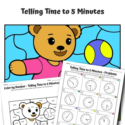Time: 5 Minutes Color by Number — Teddy Bear's Soccer Game - worksheet educational content