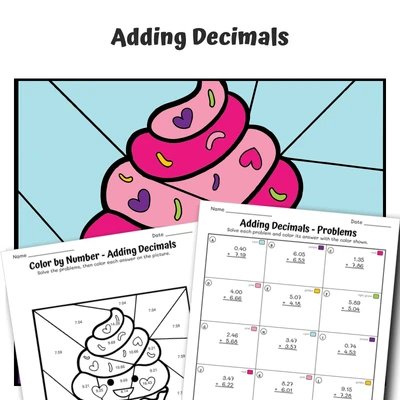 Add Decimals Color by Number — Happy Cupcake - worksheet educational content