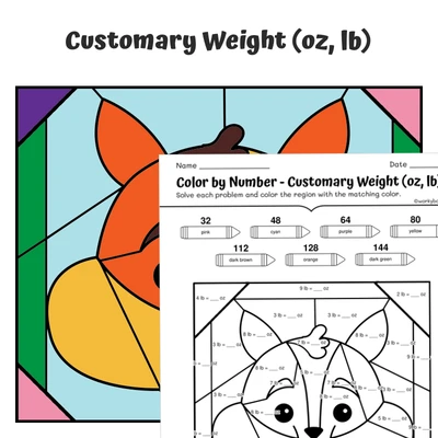 Customary Weight Color by Number — Animal face - Squirrel - worksheet educational content