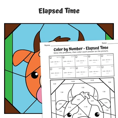 Elapsed Time Color by Number — Animal face - Cow - worksheet educational content