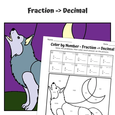 Fraction to Decimal Color by Number — Husky Dog - worksheet educational content