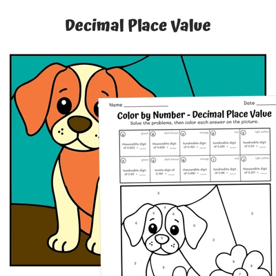 Decimal Place Value Color by Number — Curious Beagle Dog - worksheet educational content