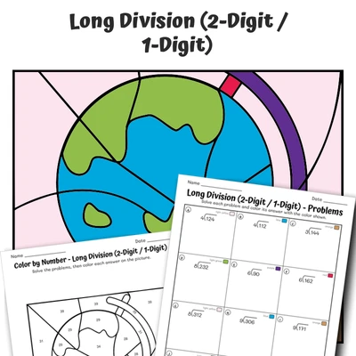 Long Division 2/1 Color by Number — Globe - worksheet educational content