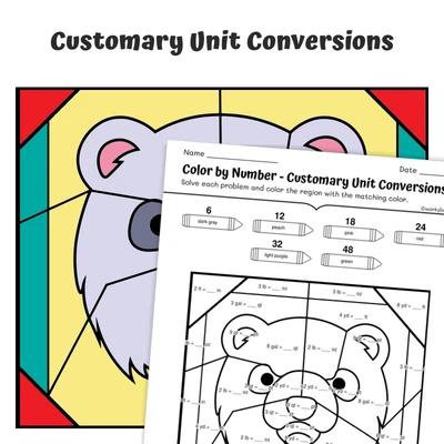 Customary Conversions Color by Number — Animal face - Polar Bear - worksheet educational content