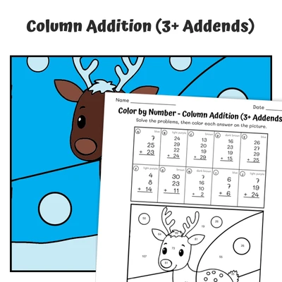 Column Addition Color by Number — Artic Animal Caribou - worksheet educational content