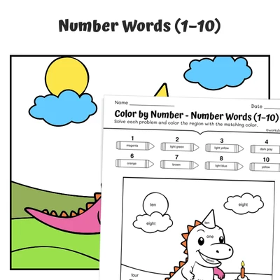 Number Words Color by Number — Dino and Birthday Cupcake - worksheet educational content